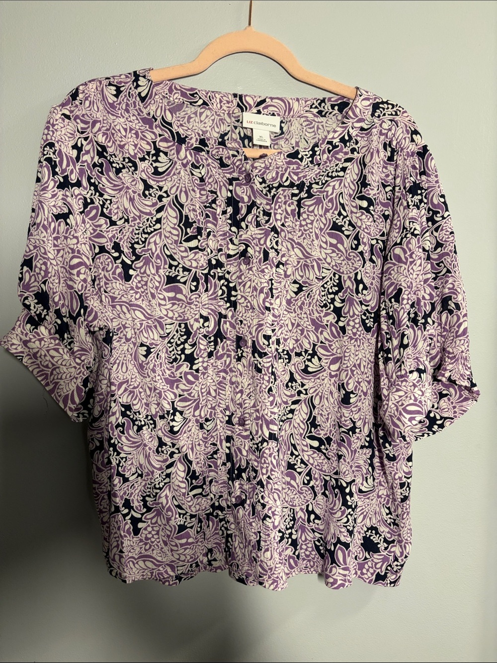Liz Claiborne Lavender and Black Floral Button-Front Blouse